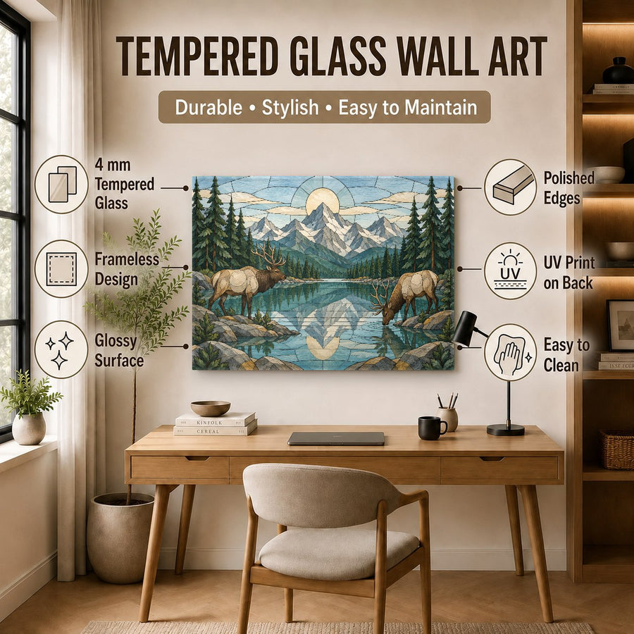 Frameless nature glass print with deer and pine trees mounted securely in a relaxing spa treatment room.