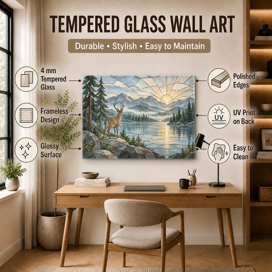 A relaxing spa waiting room enhanced by a peaceful nature-themed sunset deer glass art print.