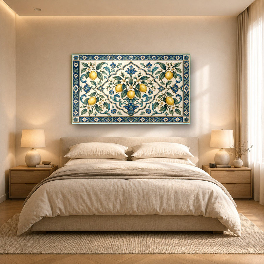 Luxury glass wall decor featuring yellow lemons displayed in a high-end kitchen setting.