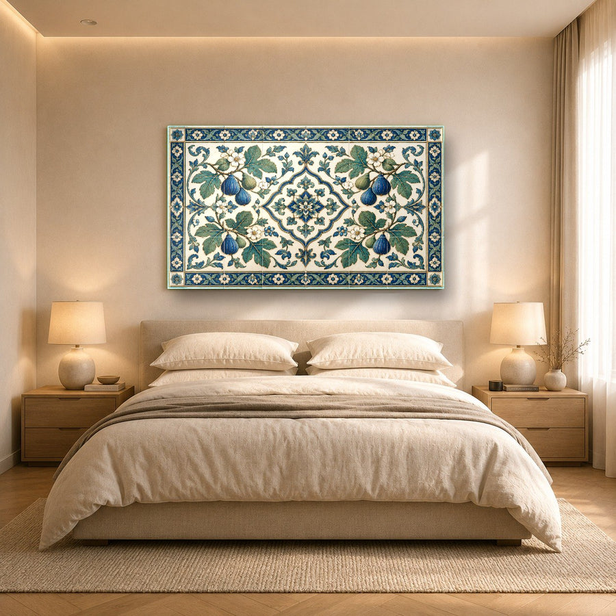 Vintage flora glass wall art viewed from the side highlighting the sleek aluminum frame