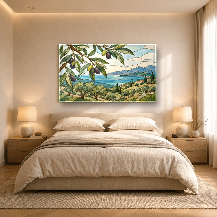 Angled perspective shot of the Stained Olive Glass Wall Art reflecting soft ambient lighting
