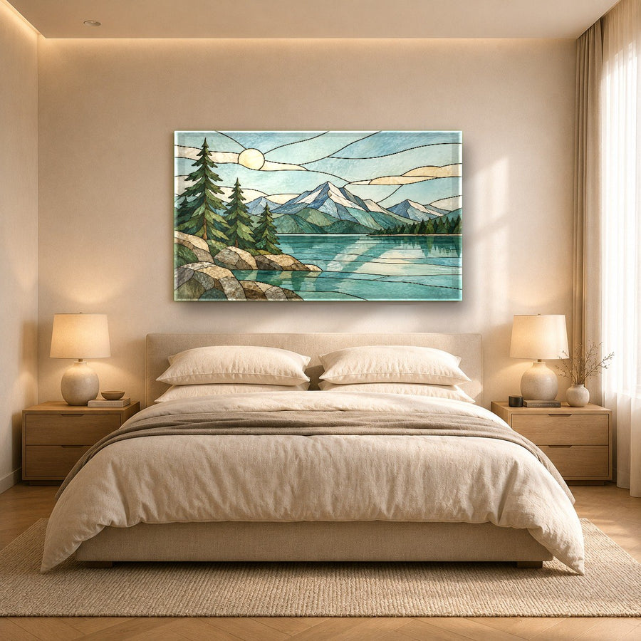 Panoramic lake view glass wall art featured in a modern interior design