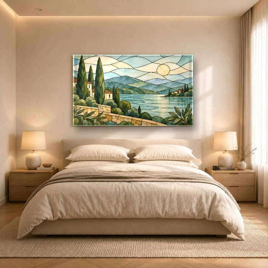 Low-angle shot of Stained Sunrise glass wall art highlighting its high-gloss reflection