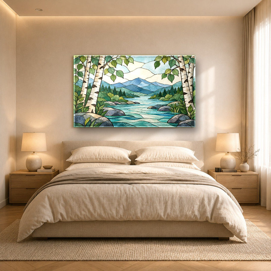 Scenic mountain view glass print showcased in a professional spa waiting room