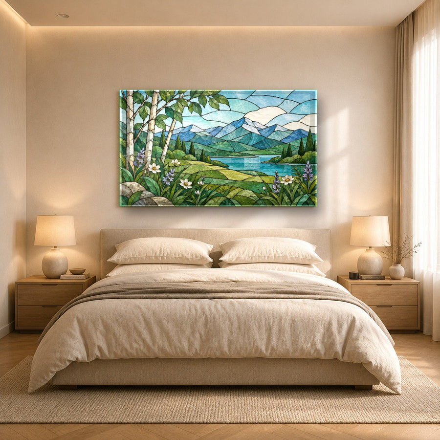 Artistic nature glass print featured in an interior design studio backdrop