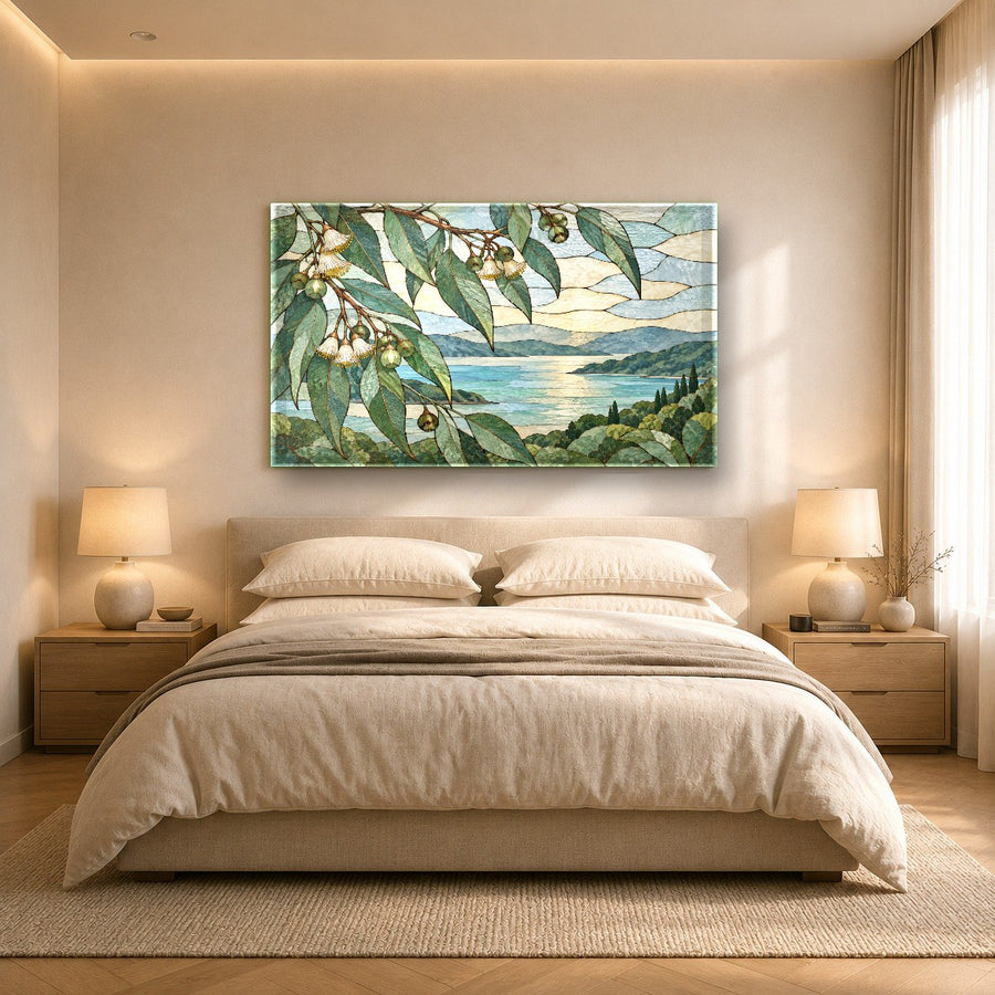 Nature-inspired tempered glass art featured in a modern open-plan home interior