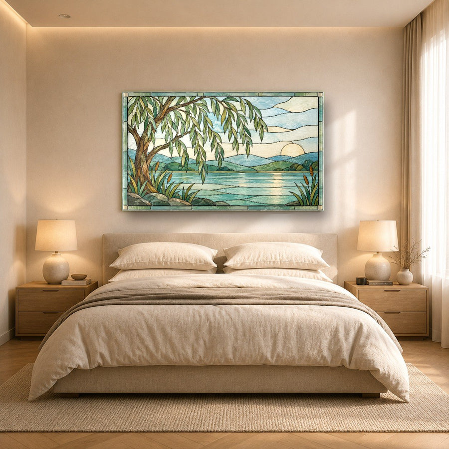 Tree stained glass wall art displayed in a modern spa lounge for a calming aesthetic