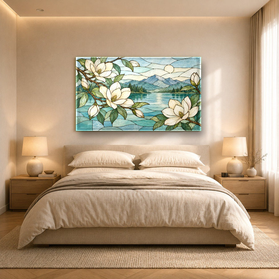 Interior view of a stylish urban apartment featuring floral glass wall art