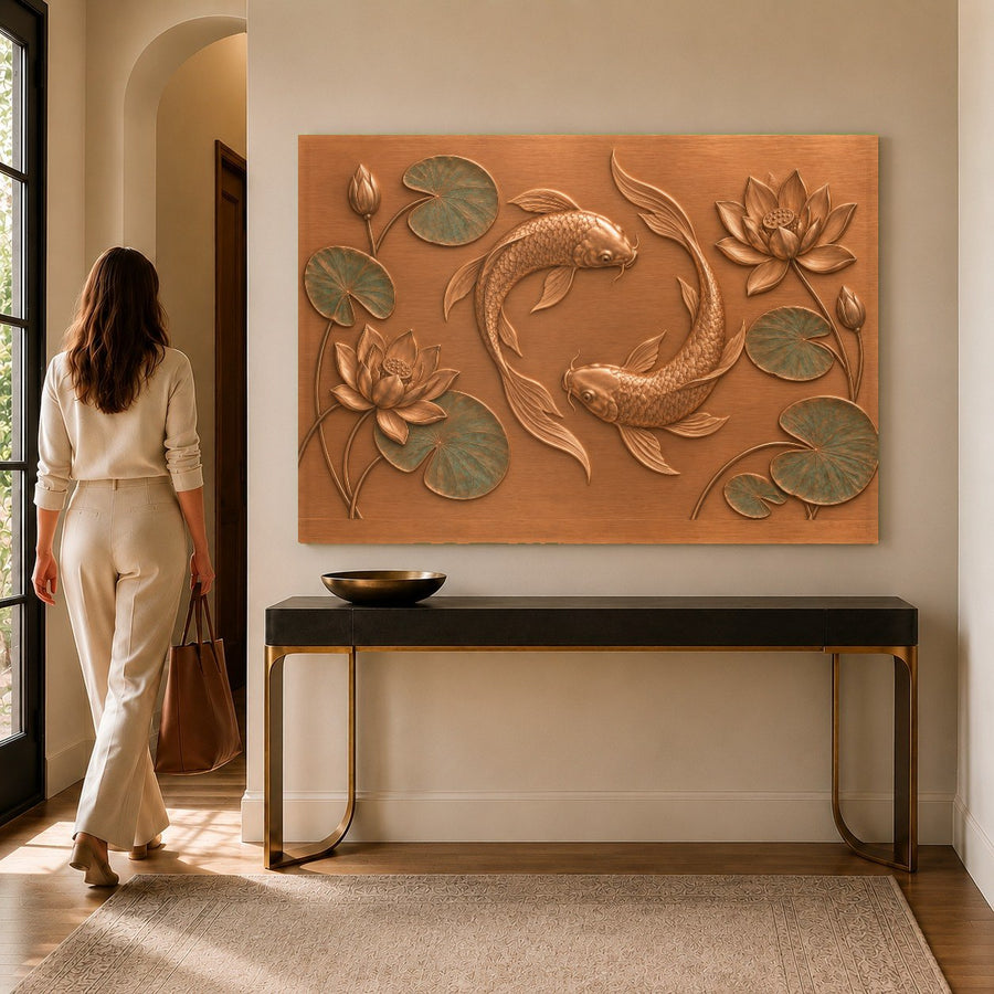 Zen tempered glass print of lotus and koi in a peaceful master bedroom setup