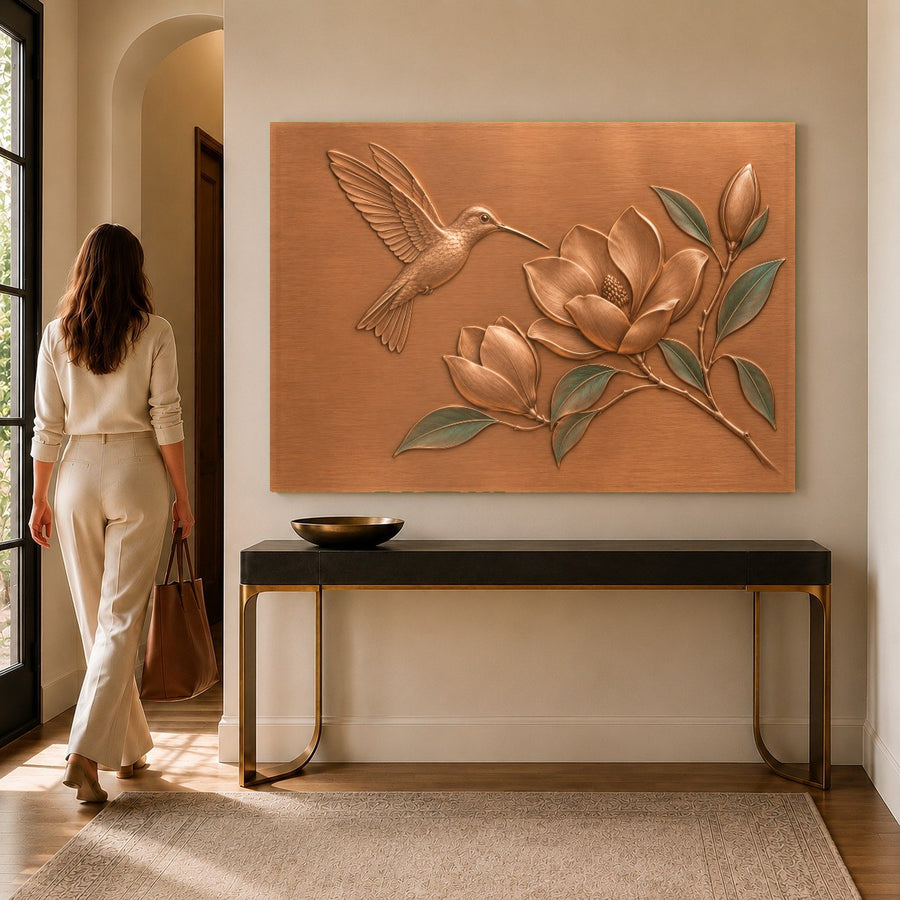 Close-up of tempered glass botanical wall art featuring hummingbirds and flowers
