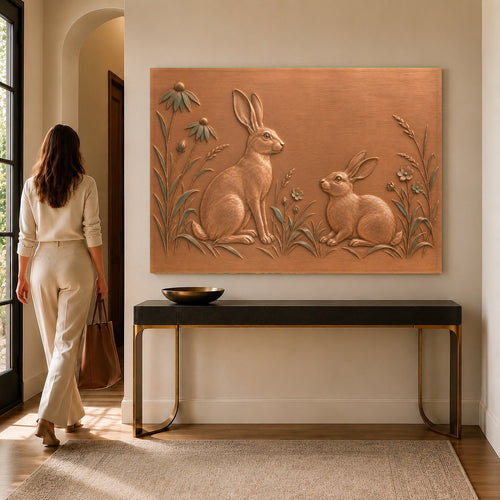 Meadow Hares Glass Wall Art hanging above a rustic wooden console table in a bright living room