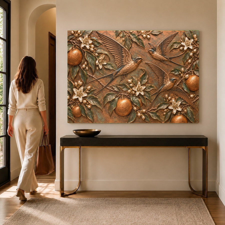 Vibrant Orange Swallows tempered glass print in a bright minimalist bedroom