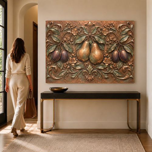 Pear Plum glass wall art hanging in a bright modern farmhouse kitchen above a white quartz countertop