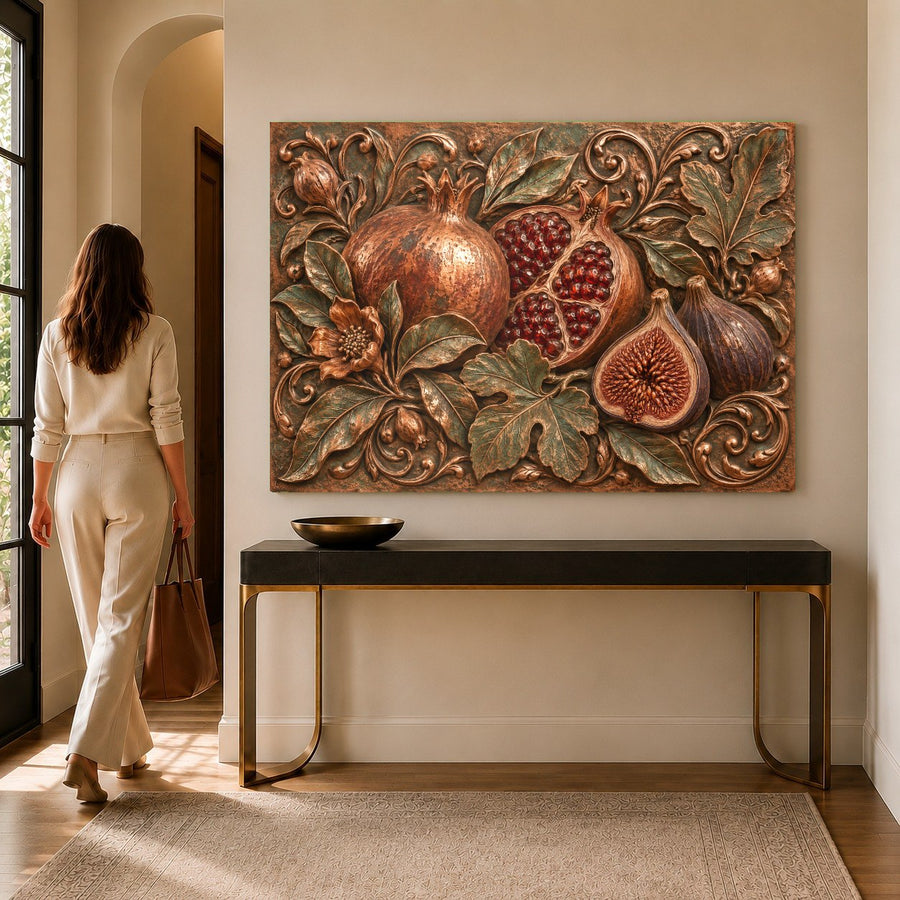 Close-up angle of the Pomegranate Fig tempered glass print showing rich red and purple tones