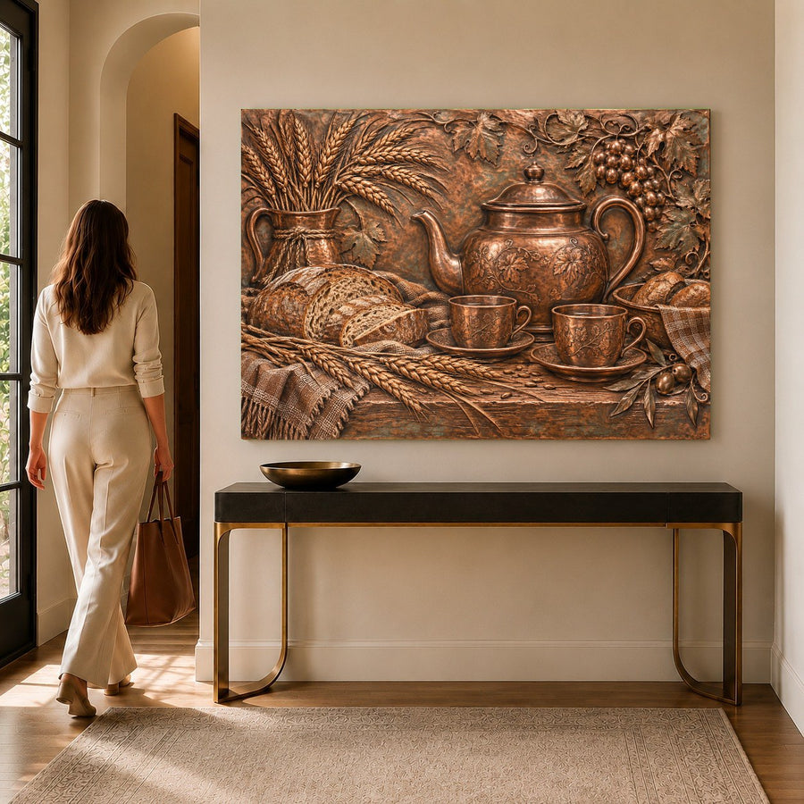 Tempered glass print of a tea scene displayed above a rustic wooden dining room table