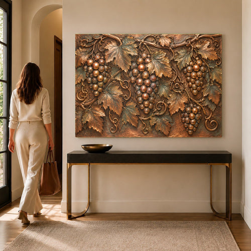 Vineyard grapes glass wall art hanging in a warm rustic dining room