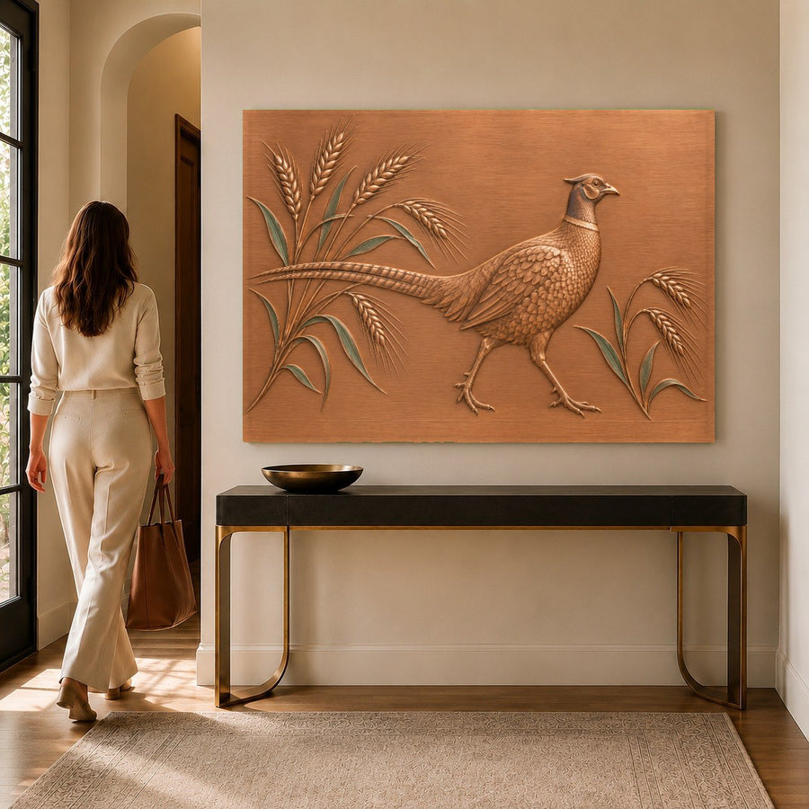 Wildlife tempered glass print of a pheasant showcased on a neutral wall in a country home bedroom