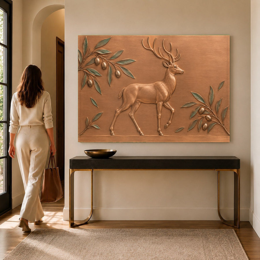 Majestic deer tempered glass print displayed on a dark accent wall in a modern cabin den