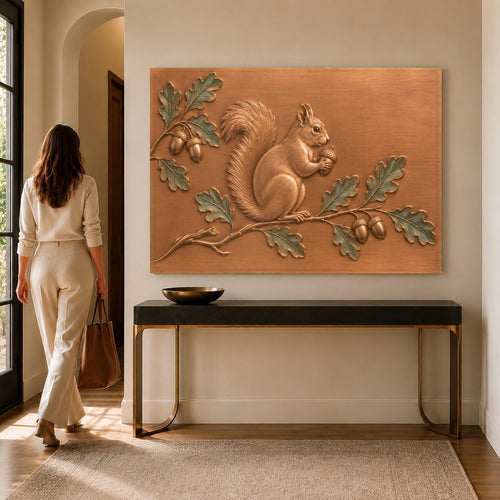 Acorn Squirrel Glass Wall Art hanging above a rustic wooden media console in a warm living room