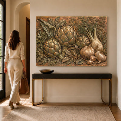Artichoke Garlic Glass Wall Art | Kitchen Tempered Glass Print