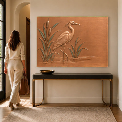 Heron Marsh Glass Wall Art hanging above a modern living room sofa in soft earth tones