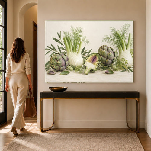 Artichoke Fennel Glass Wall Art hanging in a modern white kitchen above a marble countertop