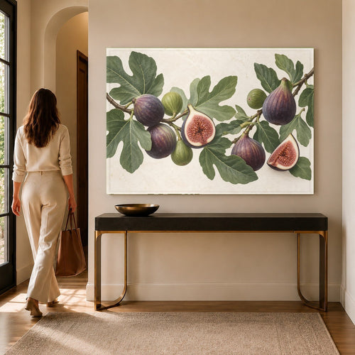 Fig Branch Glass Wall Art hanging above a modern neutral sofa in a bright living room