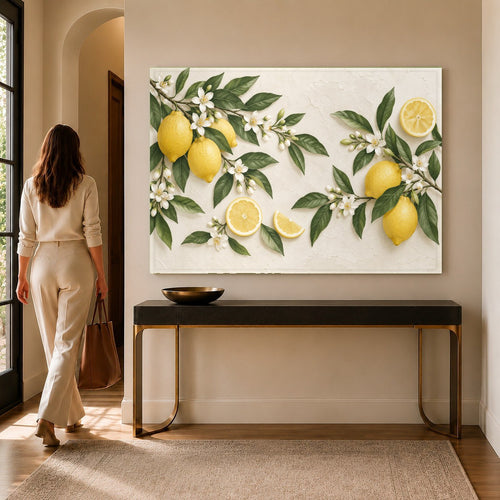 Lemon Blossom Glass Wall Art hanging above a modern dining table