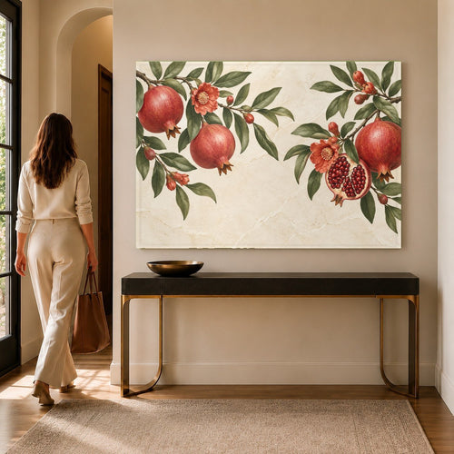 Pomegranate glass wall art hanging above a rustic wooden dining table in a cozy, sunlit dining room.
