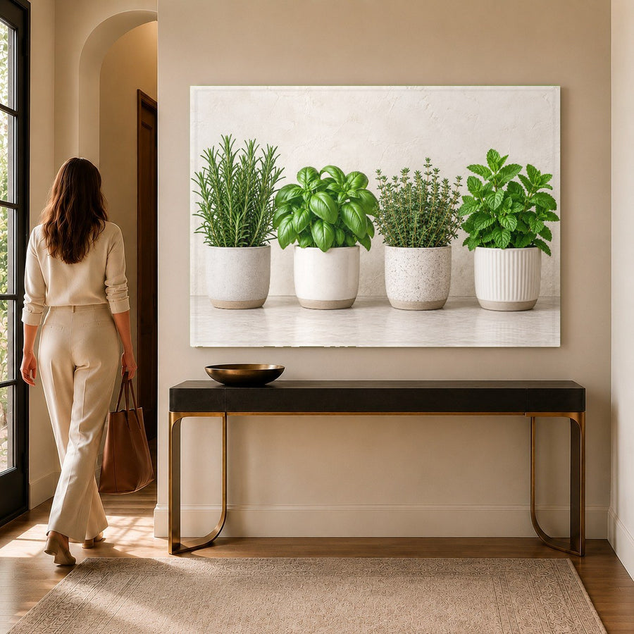 Botanical tempered glass print of kitchen herbs displayed in a rustic dining room