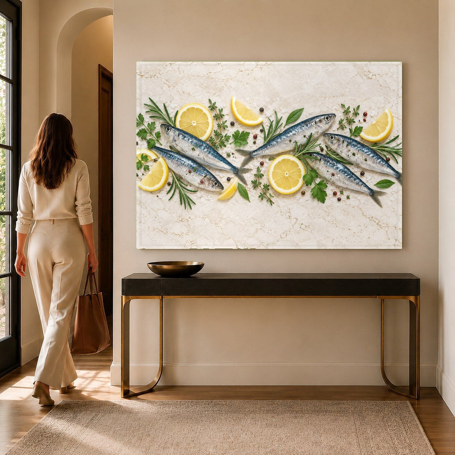 Mediterranean culinary glass print mounted above a wooden dining room table