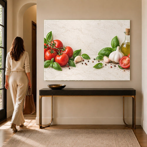 Tomato Basil glass wall art hanging in a modern white kitchen above a marble countertop
