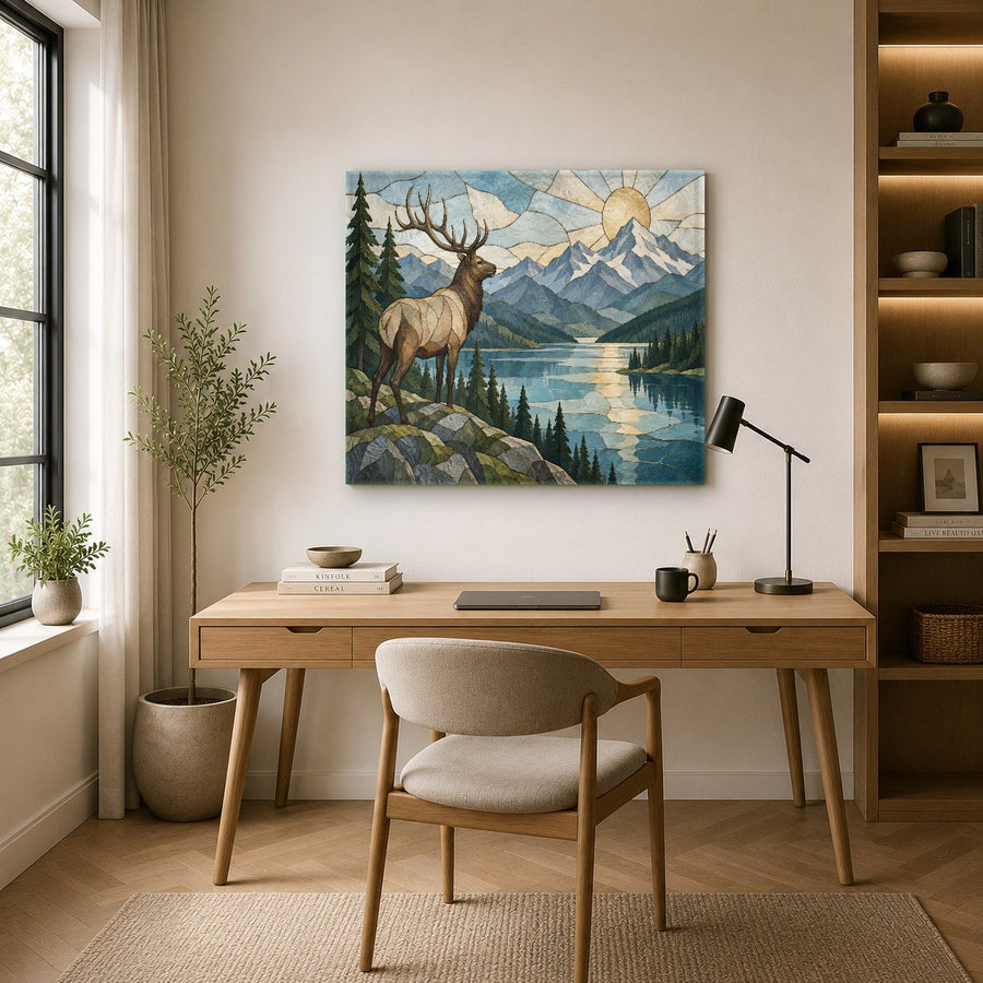 Close-up detail of majestic elk near mountain river printed on high gloss tempered glass wall art