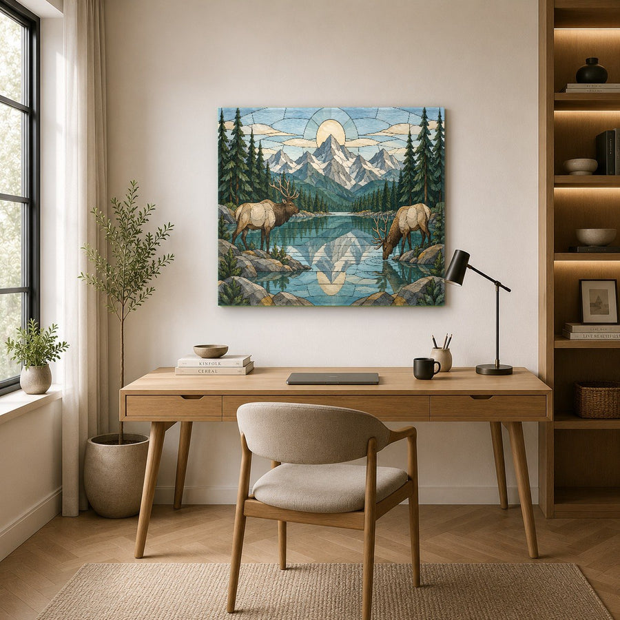Rustic mountain forest scenery glass art styled on a neutral accent wall in a modern lodge-themed living room.