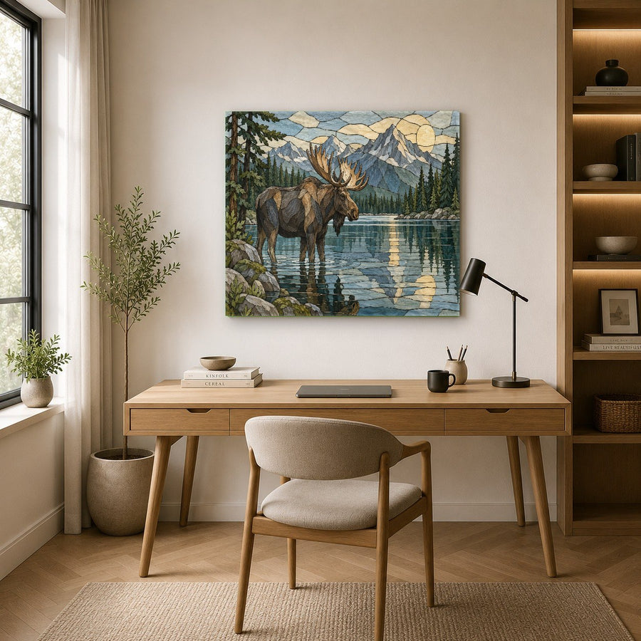 Scenic wildlife tempered glass print hanging on a warm wood-paneled cabin wall