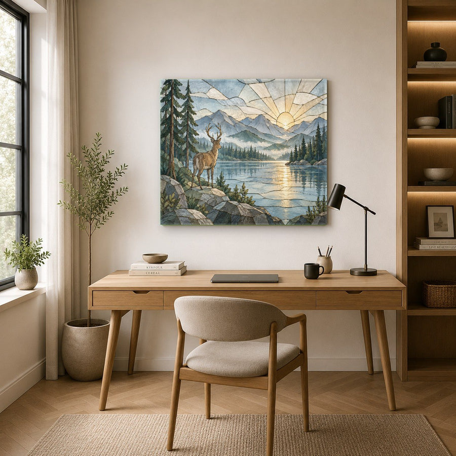 Tempered glass wildlife print featuring deer at sunset displayed in a cozy bedroom with wooden accent walls.