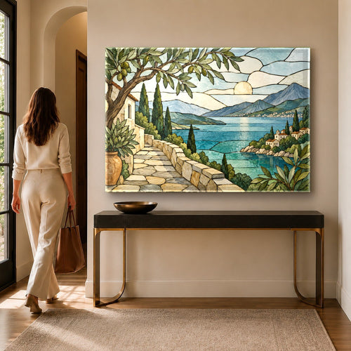 Coastal stained glass wall art hanging above a beige linen sofa in a bright coastal living room.