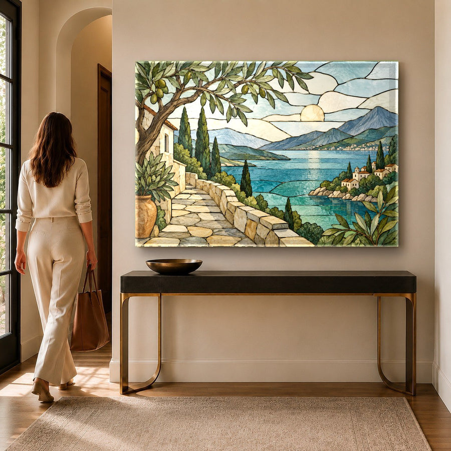 A vibrant ocean tempered glass print on a white bedroom wall reflecting soft morning sunlight.