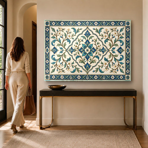Blue tile look glass wall art hanging in a bright coastal living room above a white sofa