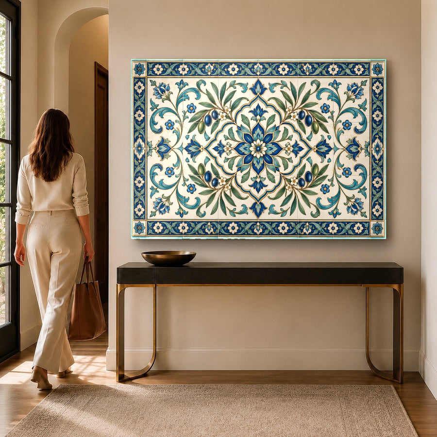 Close-up of the weathered terracotta and slate blue mosaic pattern on high-gloss tempered glass art.