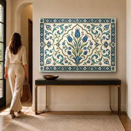 Anatolian tile glass wall art hanging above a modern blue velvet sofa in a bright living room.