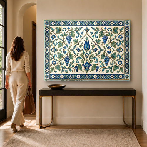 Anatolian pattern glass wall art hanging in a modern living room above a sofa
