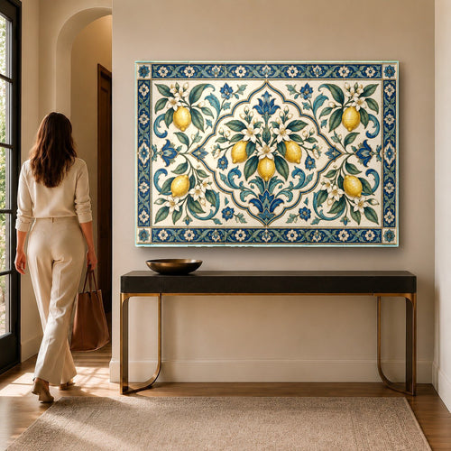 Lemon Tile Glass Wall Art hanging in a bright, modern white kitchen above a marble countertop.
