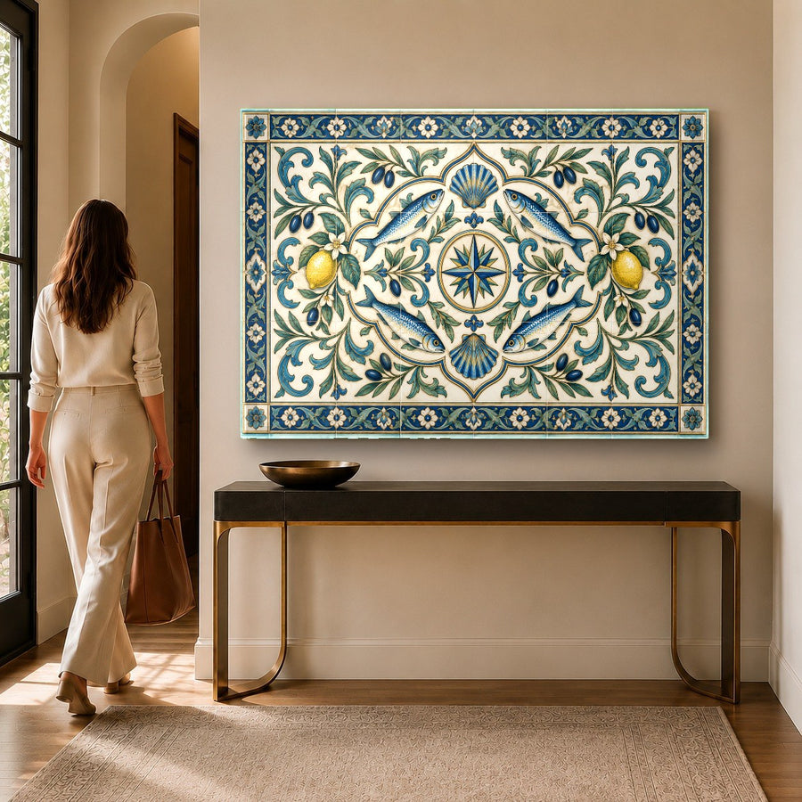 Modern tempered glass print showcasing fluid wave patterns in a stylish bedroom interior