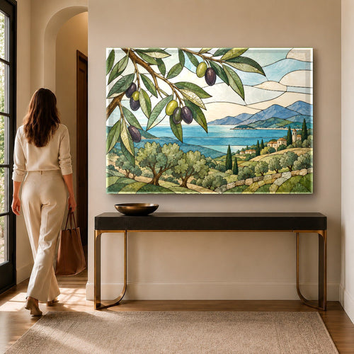 Stained Olive Glass Wall Art hanging above a modern neutral sofa in a minimalist living room