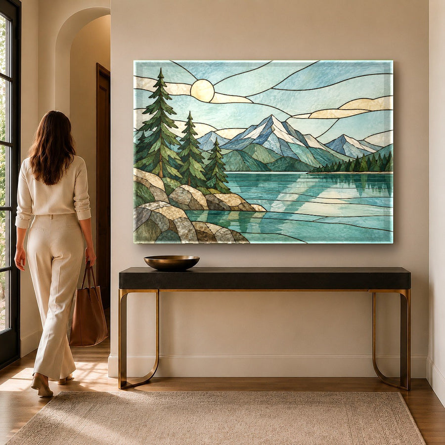 Scenic lake tempered glass print displayed in a minimalist bedroom