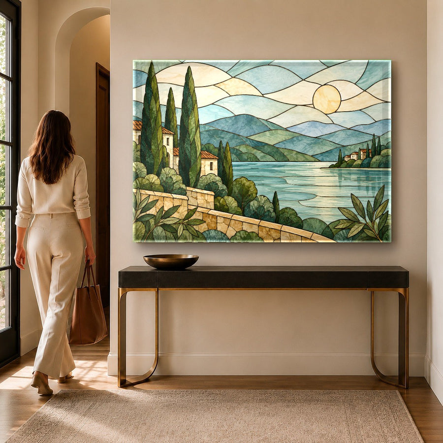 Stained Sunrise tempered glass print mounted in a cozy master bedroom