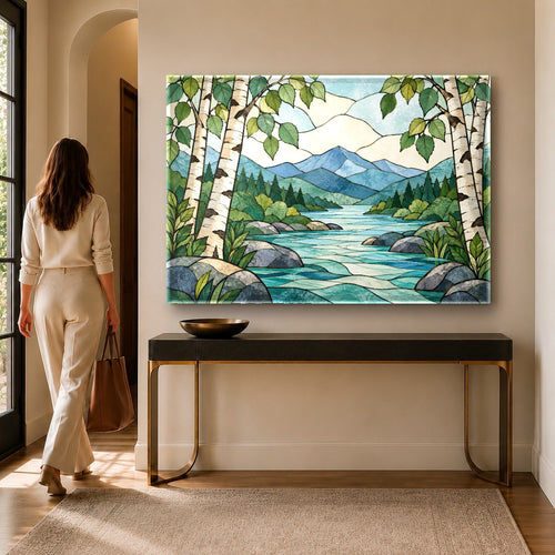Mountain Stained Glass Wall Art hanging above a modern minimalist living room sofa