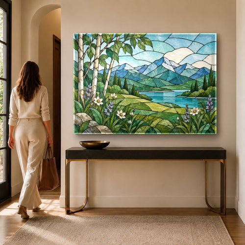 Nature Stained Glass Wall Art hanging above a modern neutral sofa in a brightly lit living room
