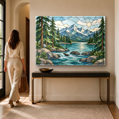 River Stained Glass Wall Art hanging above a modern minimalist white sofa in a bright living room